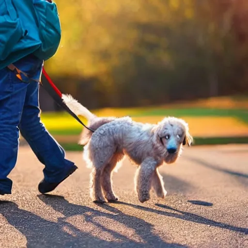 Prompt: a dog walking a child to school