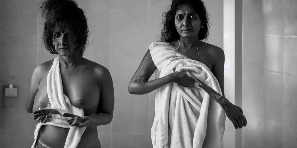 Image similar to sri lankan woman in the bathroom, wearing a towel, film still, thriller movie style