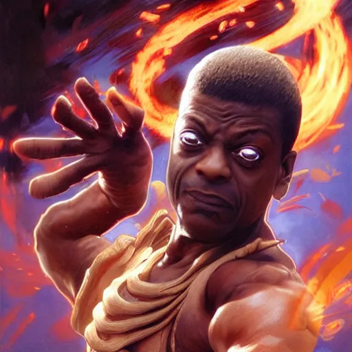 Image similar to chris tucker as dhalsim street fighter, jump kick, 4 k, ultra realistic, detailed focused art by artgerm and greg rutkowski and alphonse mucha