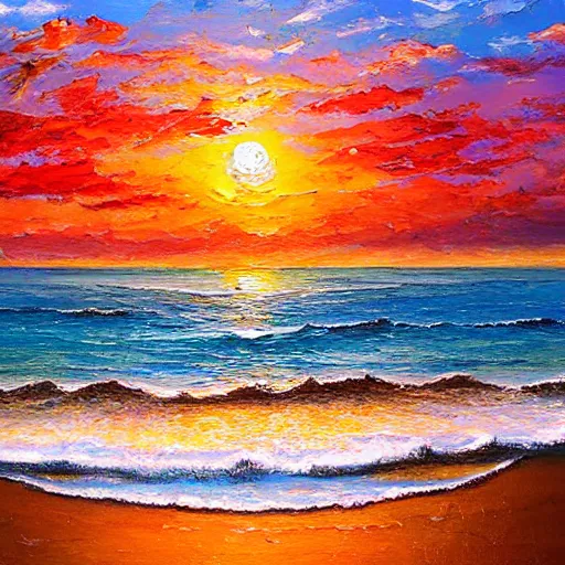 Prompt: The sunset light shines on the sea, sparkling, warm tones, oil painting