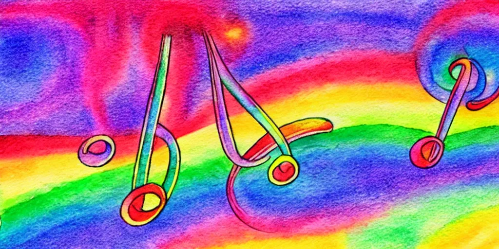 Image similar to musical notes in a prism rainbow, a curvy staff of musical notation flowing out of a prism rainbow. comic book panel background, muted colors, dreamy watercolor wash, in the style of Pink Floyd Dark Side of the Moon