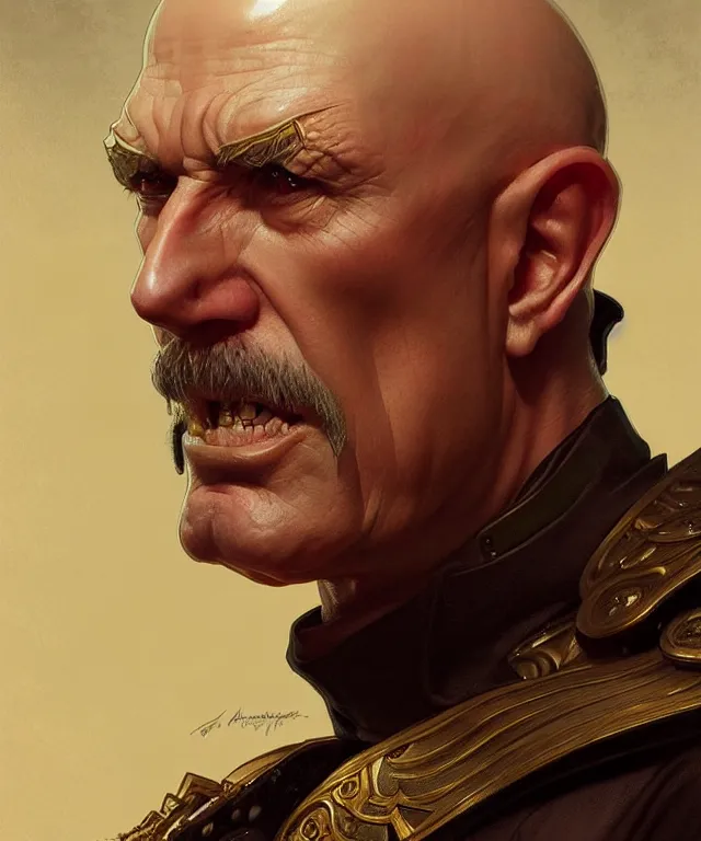 Image similar to a very angry bald general, portrait, intricate, elegant, highly detailed, digital painting, artstation, concept art, smooth, sharp focus, illustration, art by artgerm and greg rutkowski and alphonse mucha