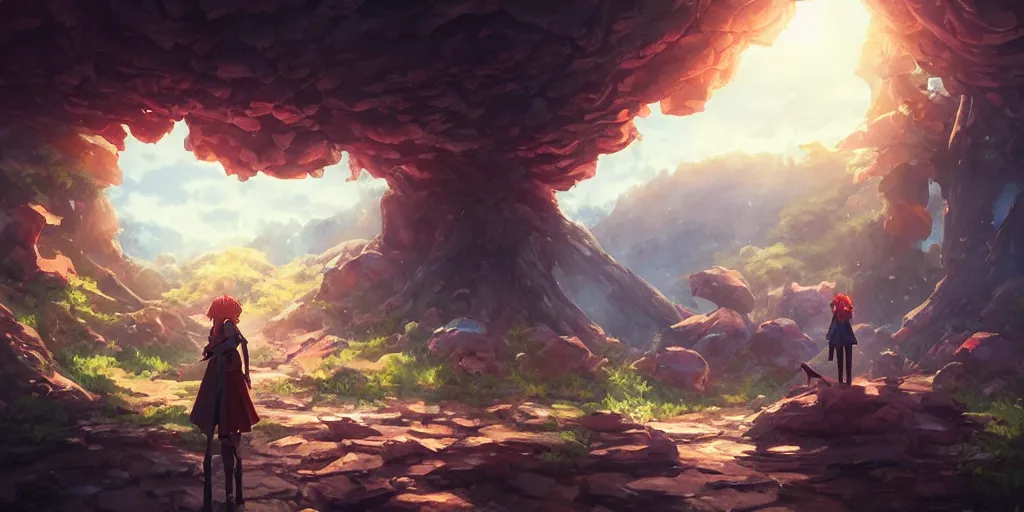 Image similar to isekai masterpiece by mandy jurgens, irina french, rachel walpole, and alyn spiller of an anime woman standing tree log looking up at giant crystals, high noon, cinematic, very warm colors, intense shadows, ominous clouds, anime illustration, anime screenshot composite background