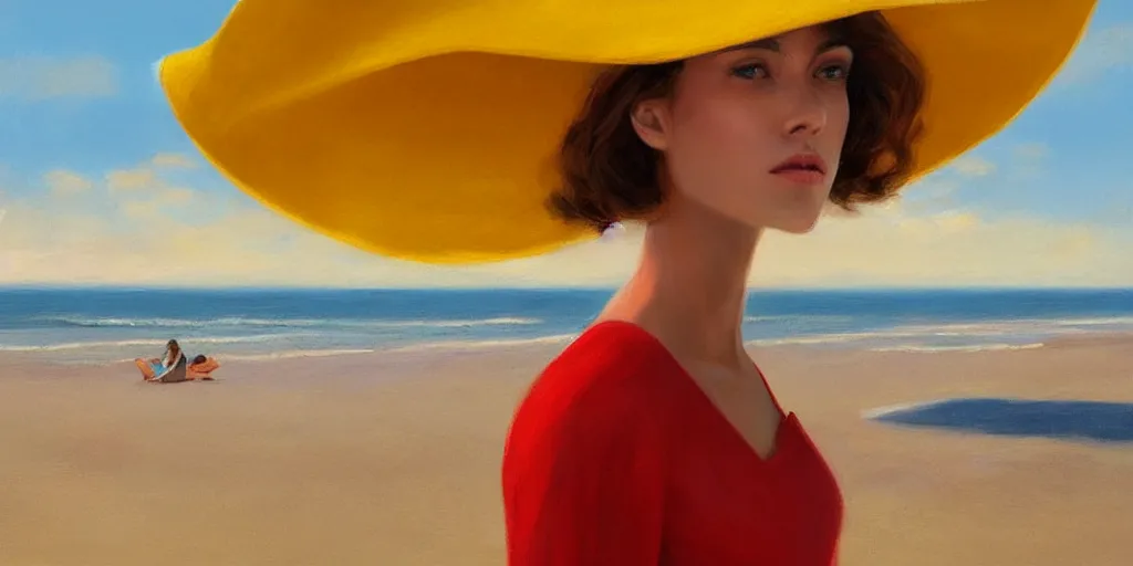 Image similar to beautiful oil matte portrait painting, young woman with red dress and mustard yellow summer hat at a beach on a sunny day, wonderful masterpiece highly detailed, beautiful cinematic light deep focus, elegant, digital painting, smooth, sharp focus, golden ratio, dramatic illumination, ultra realistic, 8 k, art by jimmy law