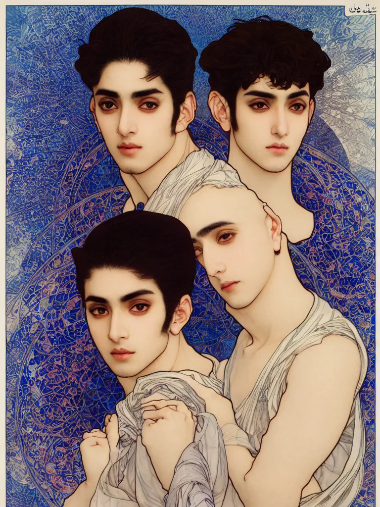 Image similar to beautiful medium shot portrait of a young arabic man inspired by ayami kojima with short hair dressed with a white t - shirt looking into the camera from three - quarters, white background white bank studio light, art by yoshitaka amano, alfons mucha and shingo tamagawa, 8 k