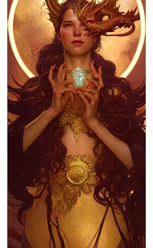 Image similar to magic gold dragon gorgeous lighting by weta studio, mucha, bautista and norman rockwell and greg rutkowski and tom bagshaw and james gurney and lucasfilm