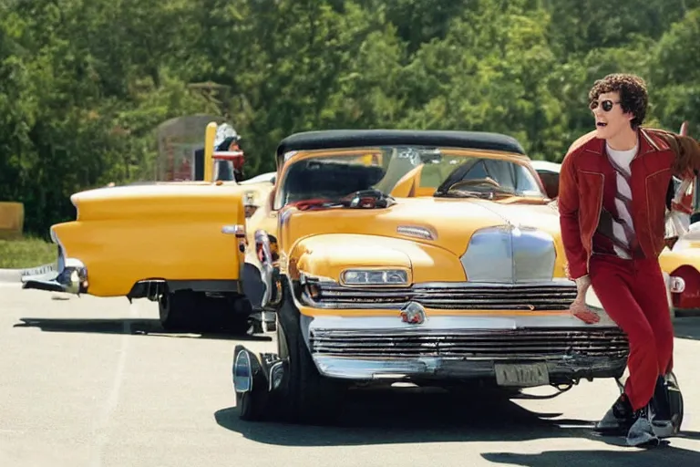 Image similar to a cinematic still from hotrod movie of ((andy samberg))