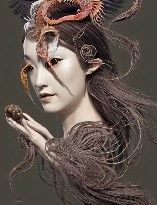 Image similar to 3 d goddess half - turn portrait with long hair with ram skull. beautiful intricately detailed japanese crow kitsune mask and clasical japanese kimono. betta fish, jellyfish phoenix, bio luminescent, plasma, ice, water, wind, creature, artwork by tooth wu and wlop and beeple and greg rutkowski