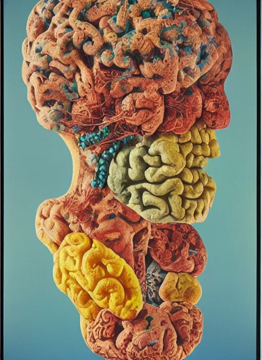 Prompt: vintage cereal commercial for cereal made of brains, colorful chromatic abberation, gdouble exposure photo from the 7 0 s, polaroid photo of all of the world's brain knowledge in one brain, by ernst haeckel, by chaim soutine