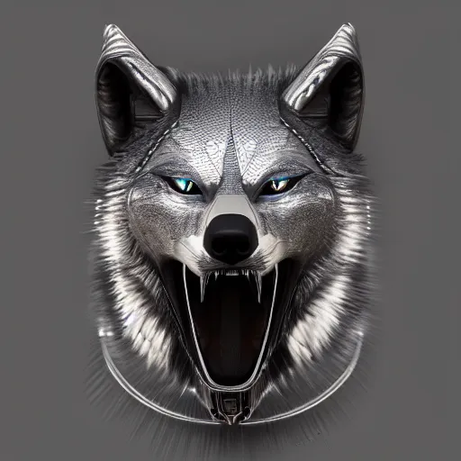 Image similar to chrome wolf, glossy, metallic, neon, symmetrical, tribal patterns, realistic, unreal engine, octane, redshift, artstation, behance