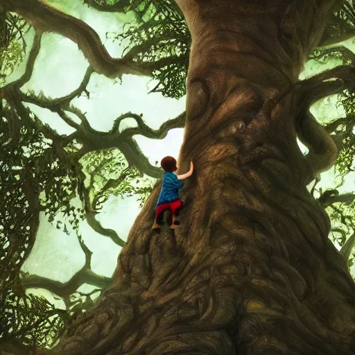 Prompt: a child climbing beautiful giant tree growing in the middle of a great Victorian library. soft lighting, 4K, fantasy art, ultra-realistic
