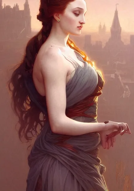 Image similar to sansa angeline jolie, intricate, elegant, highly detailed, digital painting, artstation, concept art, smooth, sharp focus, illustration, art by artgerm and greg rutkowski and alphonse mucha and william - adolphe bouguereau