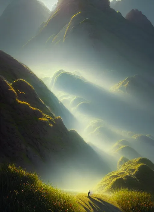 Image similar to spring mornings in the low - poly hills, diffuse lighting, fantasy, intricate, surrealism!!!!, highly detailed, lifelike, photorealistic, digital painting, artstation, illustration, concept art, smooth, sharp focus, by greg rutkowski, chris tulloch mccabe, valentina remenar and asher duran,