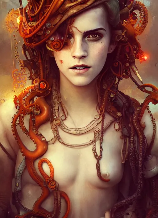 Prompt: underwater steampunk pirate portrait of emma watson, red hair, octopus, hyper detailed, digital art, cinematic lighting, studio quality, smooth render, unreal engine 5, octane rendered, art style by klimt and nixeu and ian sprigger and wlop and krenz cushart.