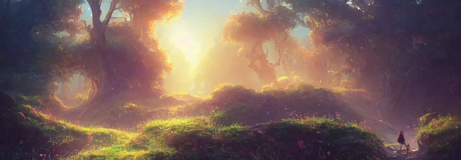 Prompt: A realm of whispers and mysteries, intricate, elegant, fantasy, highly detailed, digital painting, concept art, sharp focus, illustration, beautiful volumetric lighting, epic light, artstation, magic hour lighting, colorful, sunshine, springtime, by Sylvain Sarrailh