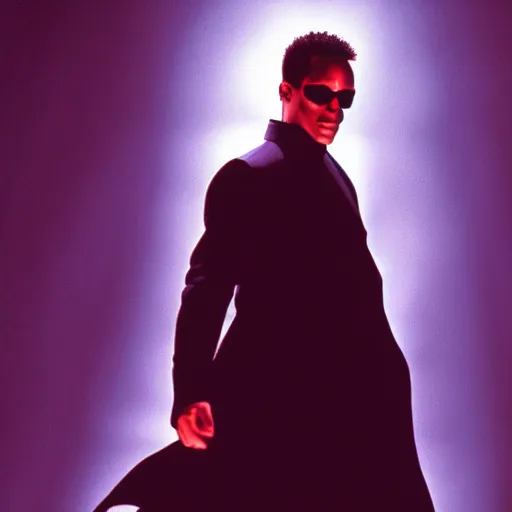 Image similar to morpheus from the matrix, blue red pill, black background, dramatic lighting, cinematic composition
