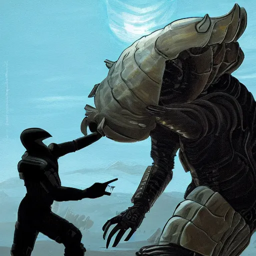 Prompt: painting of an arrakeen sandworm attacking the silhouette of a man in a stillsuit holding a crysknife