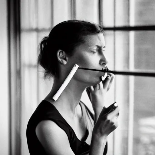 Image similar to black and white photo of a woman smoking a cigarette by the window