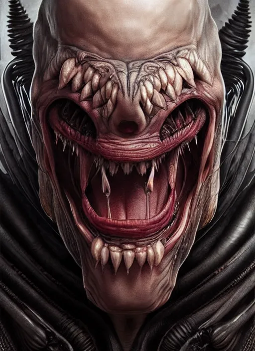 Image similar to ultra realistic, male human predator alien hybrid, vampire, fangs, goth, tattoos, leather, fantasy, flesh, bone, body horror, intricate details, eerie, highly detailed, octane render, 8 k, art by artgerm and alphonse mucha and greg rutkowski