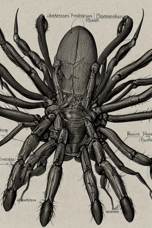 Prompt: anatomical encyclopedia illustration of a disturbing! alien spider, photorealistic, diagram