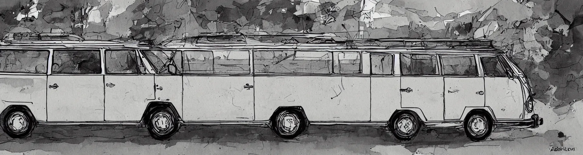 Image similar to a side view vw bus on a street, illustration by ashley wood