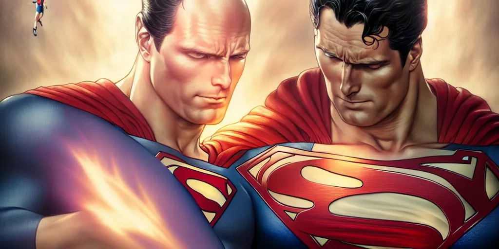 Image similar to ultra realistic illustration, handsome saitama vs superman. intricate, elegant, highly detailed, digital painting, artstation, concept art, smooth, sharp focus, illustration, art by artgerm and greg rutkowski and alphonse mucha and wlop