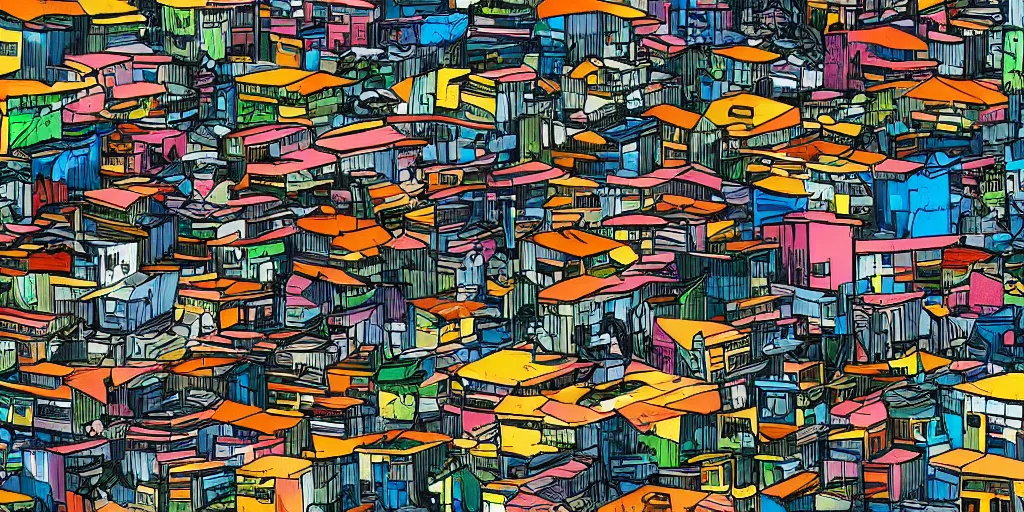 Prompt: gorillaz - style horizontal painted texture of favela buildings, vibrant,