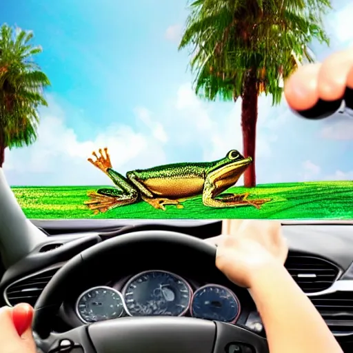 Image similar to frog with human body driving a car, palm trees