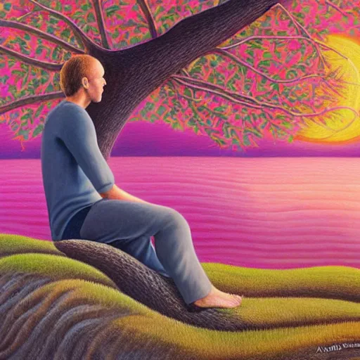 Image similar to painting of a peaceful man relaxing under a tree by alex grey, acrylic art, calm, soothing, cosy, elegant, soft light,