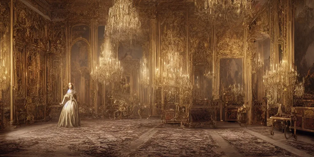 Prompt: highly detailed photo of a a long flowery hair princess walking in a baroque dreamy room full of renaissance furniture, in the style of samuel prout, cinematic lighting, intricate, 4 k resolution, elegant