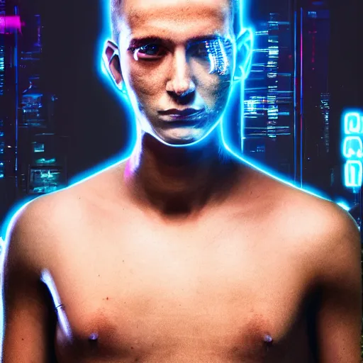 Prompt: cyberpunk human with massive bulging brain, award winning portrait photography