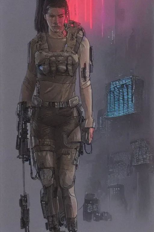 Image similar to Sonya. blackops mercenary in near future tactical gear, stealth suit, and cyberpunk headset. Blade Runner 2049. concept art by James Gurney and Mœbius.