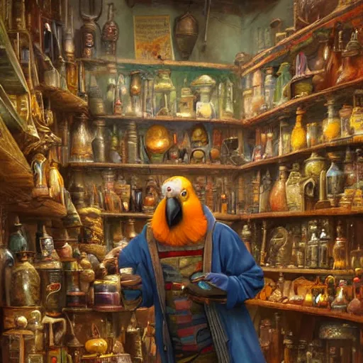 Image similar to Anthropomorphized parrot trader in his shop, art by Greg Rutkowski, shelves full, selling a gem, portrait, items, magic potions, weapons, arcana, carpet, window, fancy funny hat, sly expression , cunning expression, cute expression, presenting magic gem, D&D, fantasy, cinematic lighting, highly detailed, digital painting, artstation, concept art, smooth, sharp focus, illustration, warm light, cozy warm tint, magic the gathering artwork, volumetric lighting, 8k, no gold, no gold colours