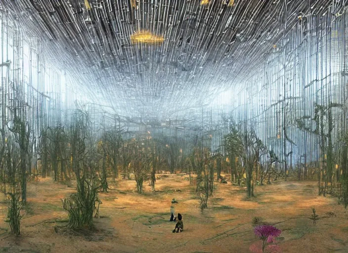 Image similar to rustic yet enormous SCP (Secure, Contain, Protect) agency interior with infinite rows of giant iridescent alien artifacts suspended in cylindrical containers made of gold and quartz by Simon Stalenhag, Zdiszlaw Beksinski, with vivid palette by James Gurney, overgrown with alien plants and flowers, inspired by Control the game, mysterious, eeriewave, hyperdetailed, dramatic camera angle with focus on infinity, octane render 8k, 4k, HDR, rtx on