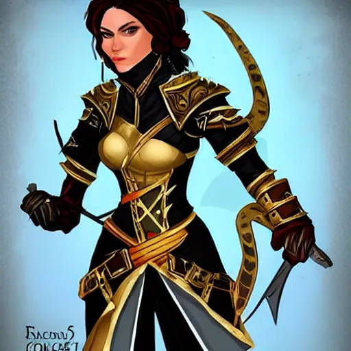 Image similar to level 10 D&D character, D&D character art, female spaniard, light skin, swashbuckler rogue, black with gold accents, organza waves