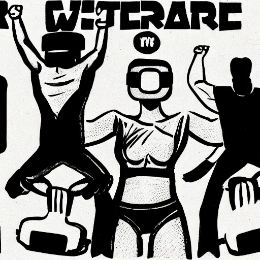 Prompt: a illustration of wrestlers wearing a vr headset, shrugging arms, movie premiere poster, close up, portrait, dramatic, 1 9 6 0 s, highly detailed