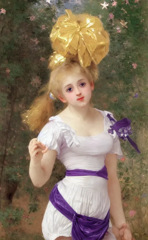 Image similar to A full body image of a cute magical girl with short blond hair wearing an oversized purple Beret, Baggy Purple overall shorts, Short Puffy pants made of silk, pointy jester shoes, a big billowy scarf, Golden Ribbon, and white leggings Covered in stars. Short Hair. Sunlit. Haute Couture. Art by william-adolphe bouguereau and Paul Delaroche and Alexandre Cabanel and Lawrence Alma-Tadema and Johannes Helgeson and WLOP. Smooth. Elegant. Highly Detailed. Intricate. Surrounded by clouds. 4K. UHD. Denoise.