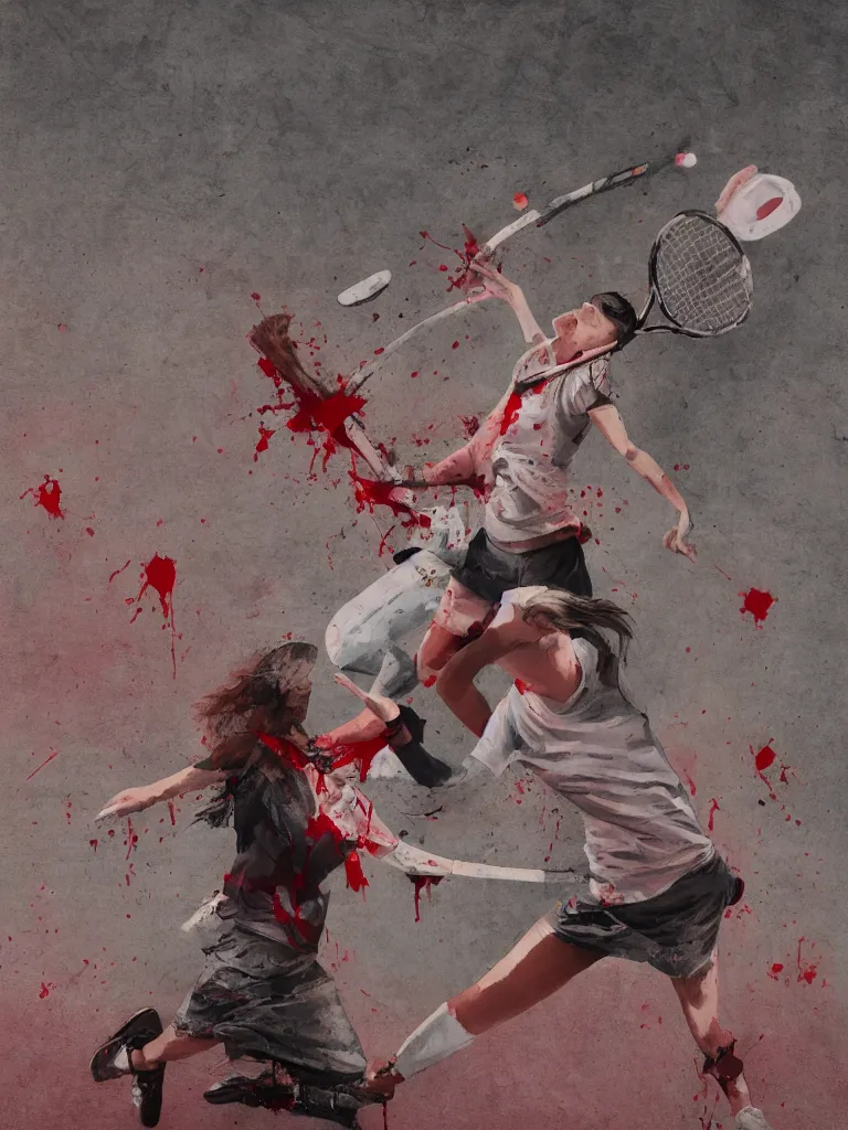 Prompt: young adult women playing tennis with a giant rabbit, blood stains on shirt, blood on tennis court, bleeding audience, illustration, traditional drawing style, dramatic mood, textured canvas, pastels, 8 k render octane high definition cgsociety