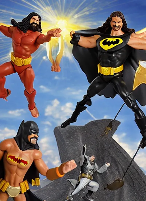 Image similar to Jesus vs the Batman in the flying sandals of salvation action figures toy pack