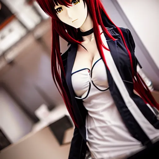 Prompt: cosplay on hot makise kurisu from steins ; gate, ultra - hd, hcl, 1 2 - bit, ar, volumetric lighting, screen space global illumination, opaque, optics, lumen reflections, vfx, insanely detailed and intricate, hyper maximalist, elegant, ornate, hyper realistic, super detailed, full body