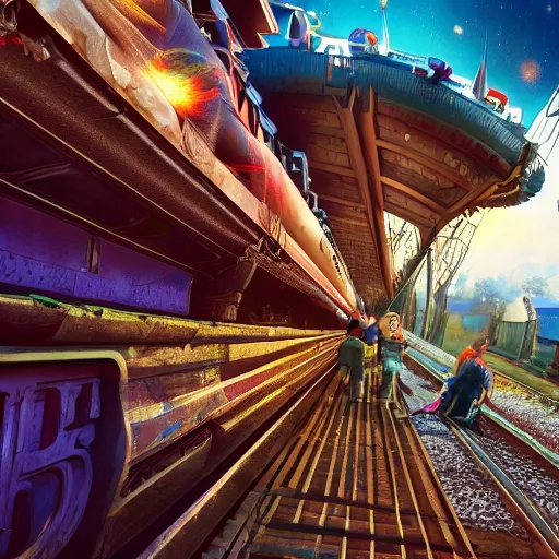 Prompt: Gutter punks hopping a train on the interdimensional railway. Detailed 8k masterpiece.