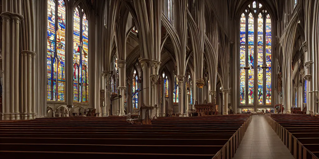 Prompt: inside a beautiful churchl, huge stained glass windows, - people, wide shot, god rays, serenioty, divinity, digital art, landscape, fantasy art, octane render, ureal engine, high detail, very realistic, by greg rutkowski. by james gurney