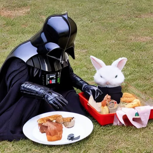 Image similar to a photo of darth vader having a picnic with a bunny