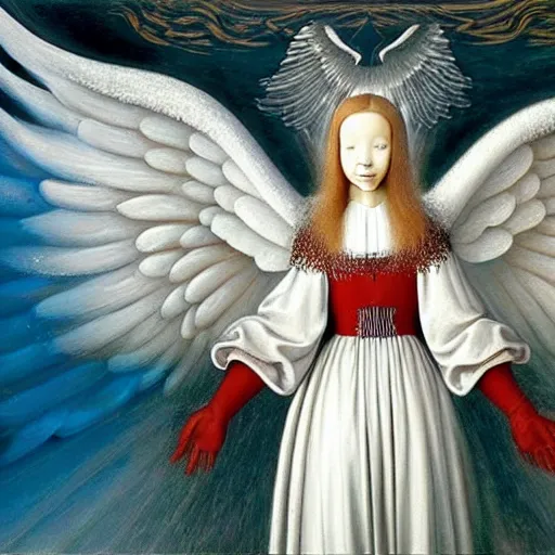 Image similar to highdetailed hyperrealistic painting of white angel!!! no gender smiling noface!!!, light instead of hands, white sparkles everywhere, 4 k hd face!!!, big silver high detailed wings!!!, renaissance, by jan van eyck, by gerhard richter, holography space, glow effect, large strokes, monochrome!!!!!