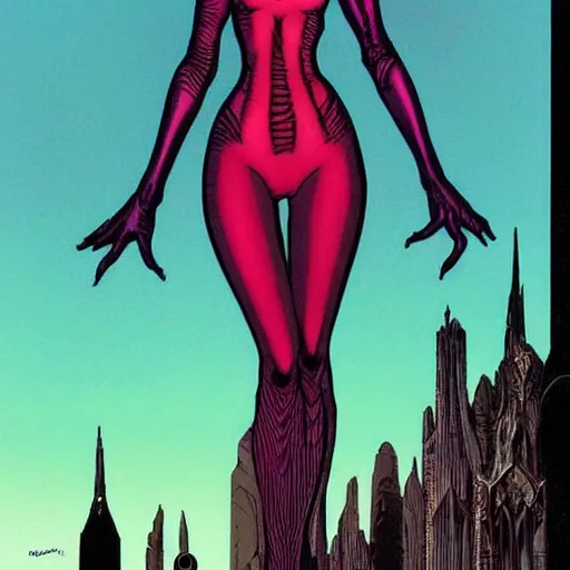 Prompt: Tall beautiful slender female witch with dark hair, futuristic, alien cityscape, symmetrical features, full body, face visible, artstation, graphic novel, colourful, 2D matte, art by Ralph Bakshi, Dave Sim, Frank Quitely, Moebius, Jeff Smith,