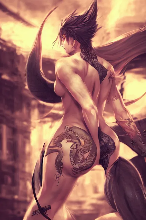 Image similar to Digital anime art by WLOP and Mobius, Downtown street, midday, young woman martial artist, bare back, tattoo with a dragon design, preparing to fight, multiple yakuza opponents, highly detailed, realistic day lighting