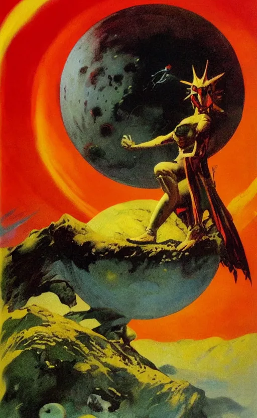 Prompt: queen the moon, by frank frazetta, alien landscape, vibrant colors, red green yellow, minimalist