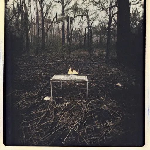 Image similar to occult sacrifice site in the Louisana swamp, detailed, dark, scary, real Polaroid photo