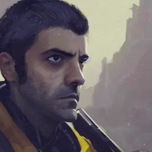 Prompt: portrait of a man by greg rutkowski, he looks like oscar isaac, star wars expanded universe, he is about 3 0 years old, wearing yellow and black starfighter pilot uniform from the galactic triunvirate.