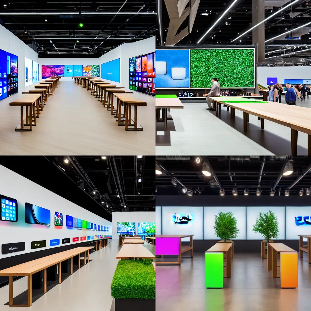 Prompt: (many mobile phones and tablets on display. large tables. wood and concrete flagship retail interior. Samsung Microsoft Apple. empty stools, verdant plants, colorful digital screens) muted colors, wide shot, XF IQ4, 14mm, f/1.4, ISO 200, 1/160s, 8K, RAW, unedited, symmetrical balance, architectural photography